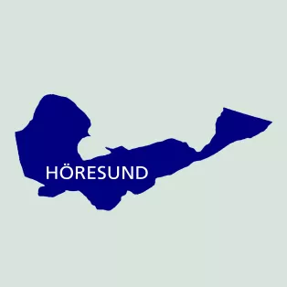 A dark blue shape on a light green background. In the middle of the dark shape the word HÖRESUND.