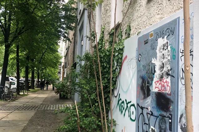 Megan.jpg Photo of a sidewalk with graffiti on an old building, the sidewalk is lined with trees and plants.