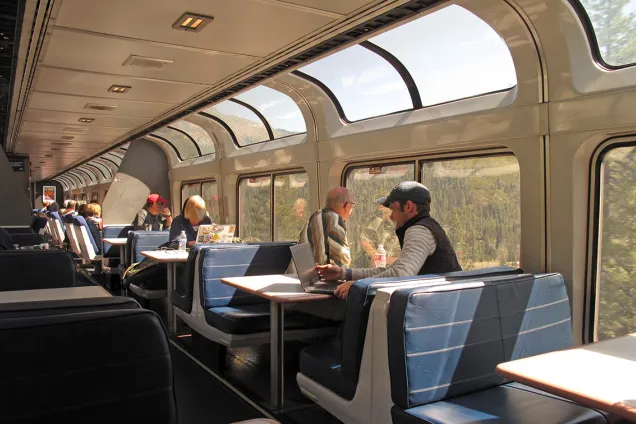 Wagner Trains pic-webb.jpg People sitting in a train car, looking out of big windows over woods.