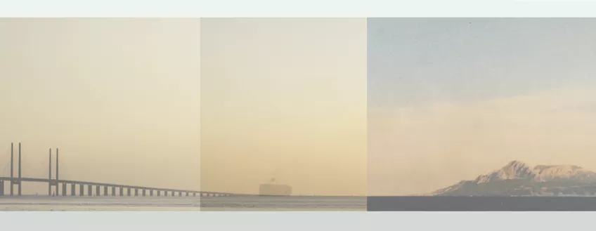 A collage of photographies.  To the left the Oresund Bridge, to the right, the Gibraltar Sound. In the middle the photos overlap.