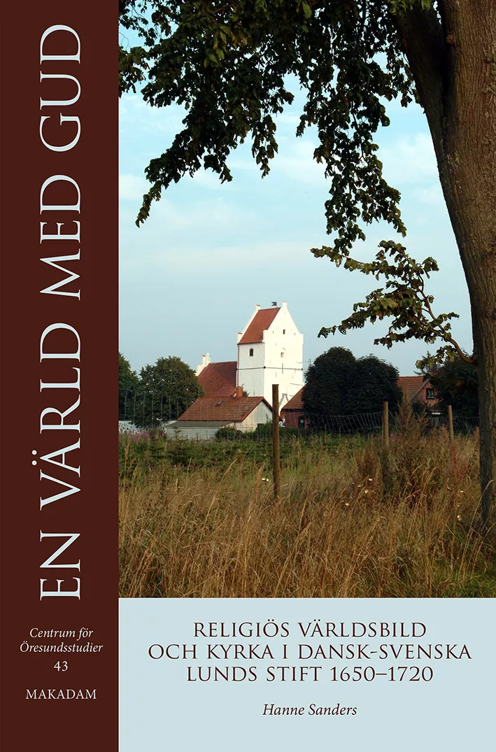 Ett bokomslag med ett foto på en kyrka bakom fält och träd.